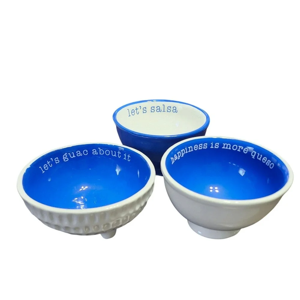Mud Pie Ceramic Taco Night Dip Bowls Set of3 Salsa Guac Queso Blue White Retired
